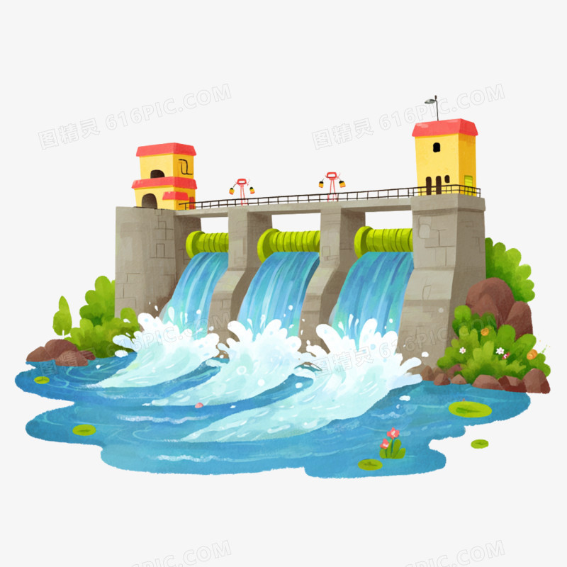 卡通手绘绿色环保水力发电免抠元素