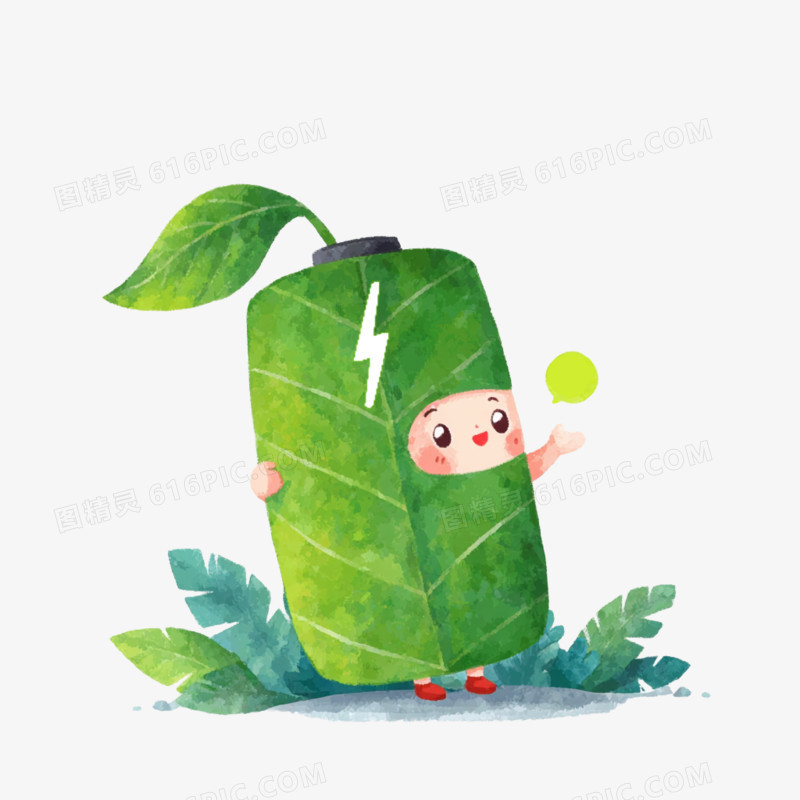 卡通手绘绿色环保电池卡通人免抠元素