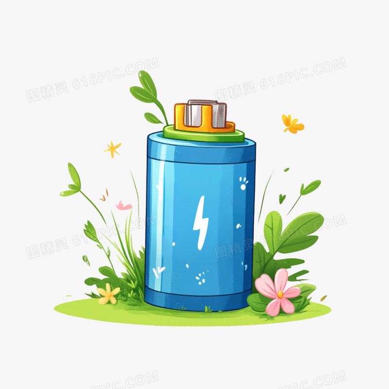 卡通手绘绿色环保电池免抠元素