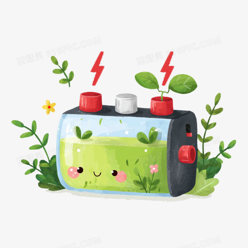 卡通手绘绿色环保电池免抠元素
