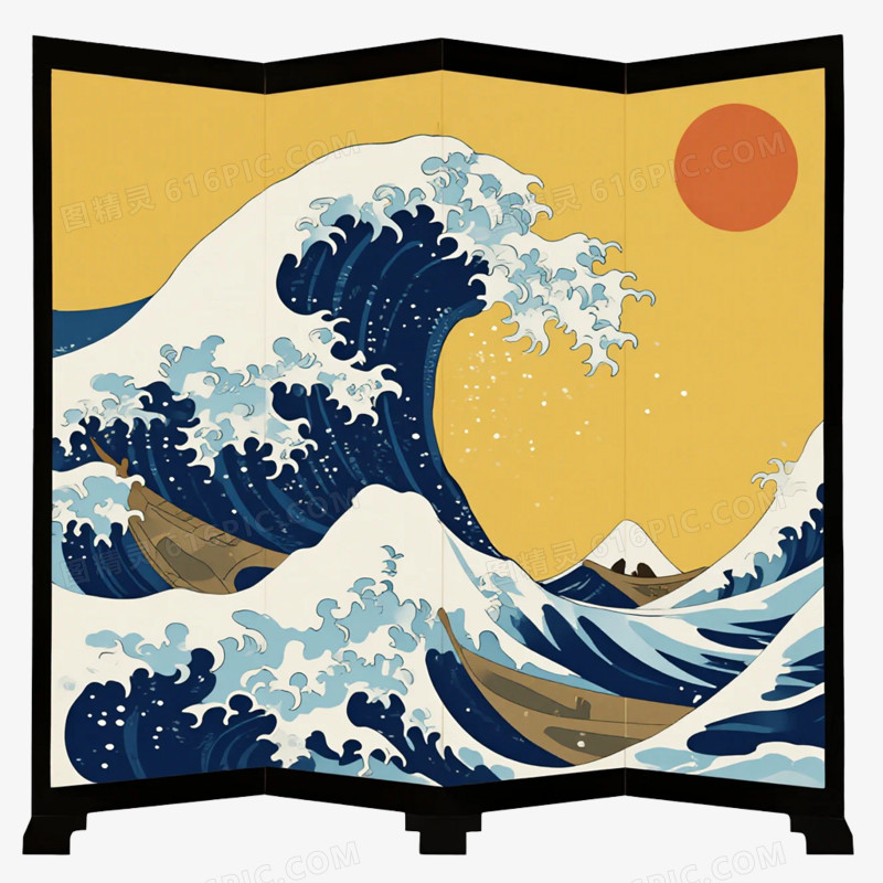 卡通插画风浮世绘屏风免抠元素