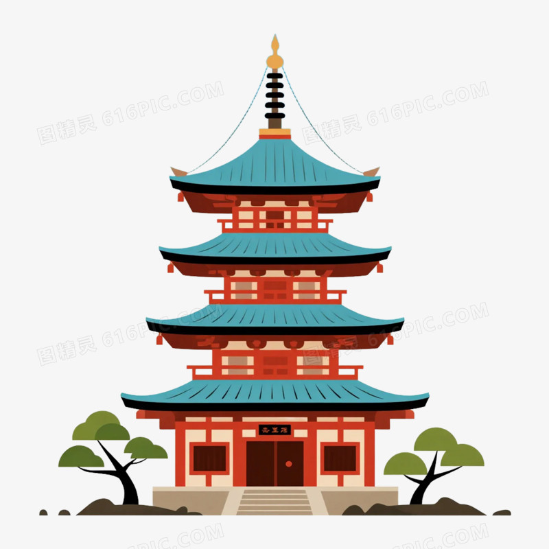 卡通插画风日式塔楼免抠元素