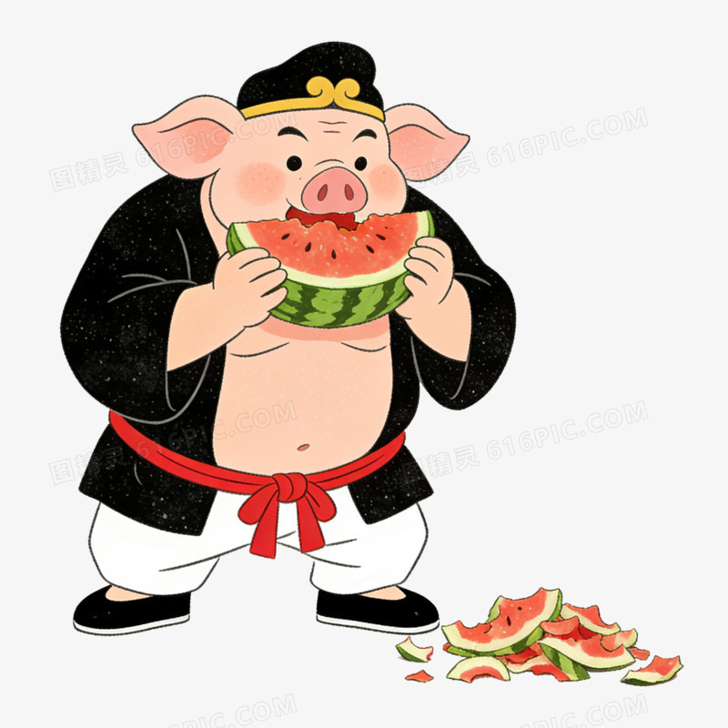 扁平风猪八戒吃西瓜免抠元素