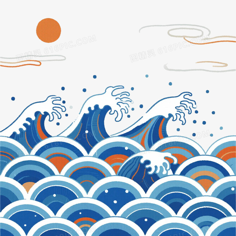 卡通插画风浮世绘海浪免抠元素