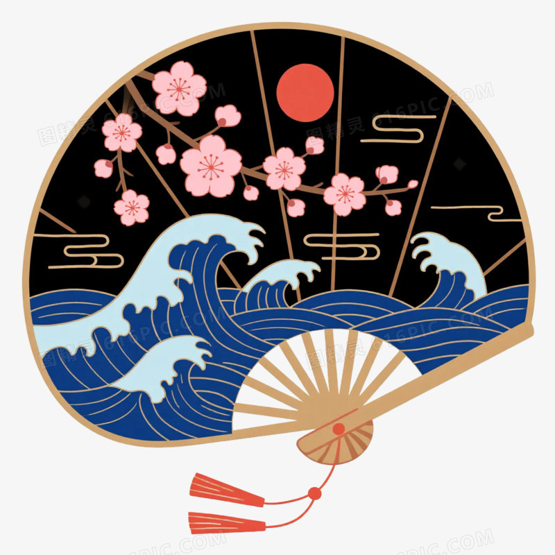 卡通插画风浮世绘扇子免抠元素