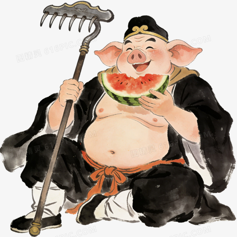 水彩画吃西瓜拿着九齿钉耙的猪八戒免抠元素