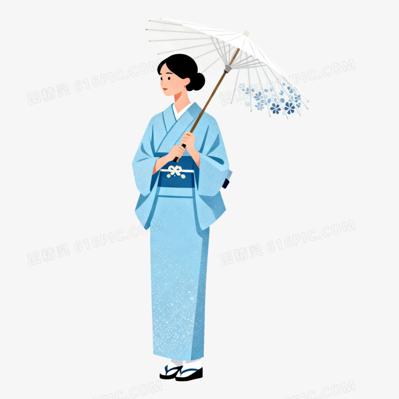 扁平风日式和服女孩撑伞免抠元素