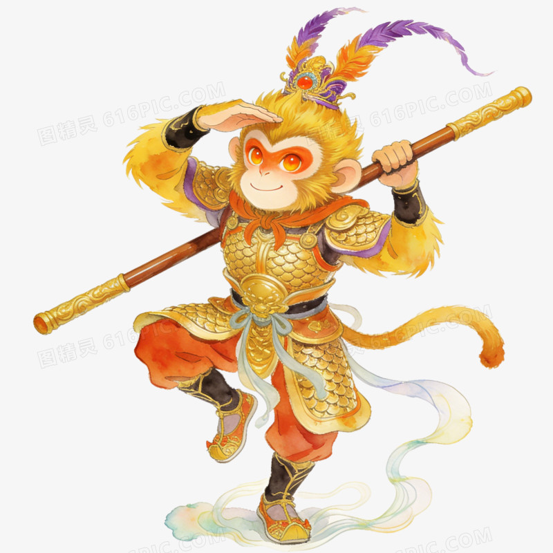 卡通火眼金睛脚踏祥云的孙悟空免抠元素