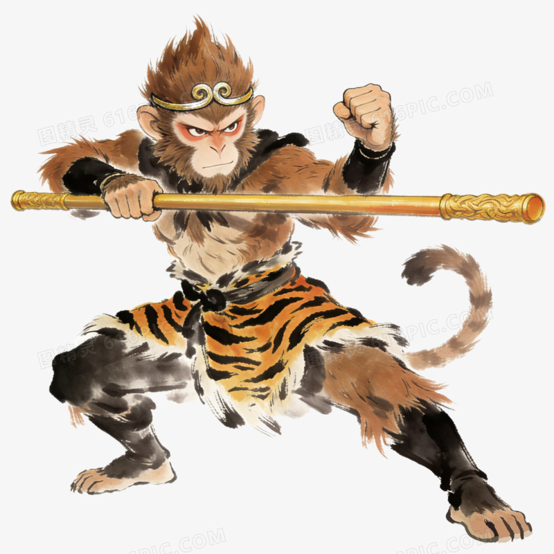 水彩画挥舞着金箍棒穿着虎皮裙的孙悟空免抠元素