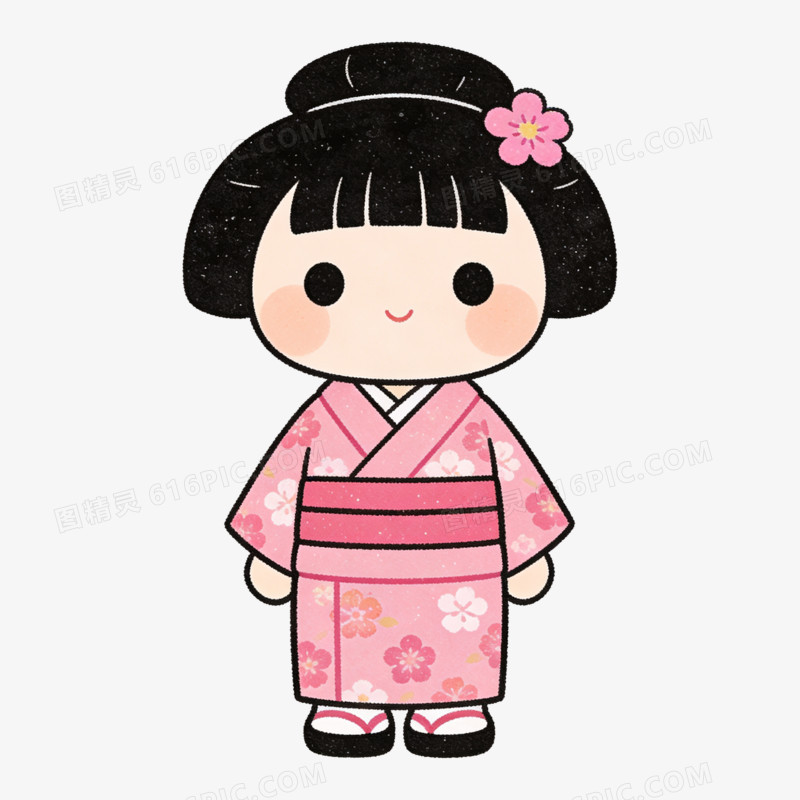 扁平风卡通日式和服娃娃免抠元素