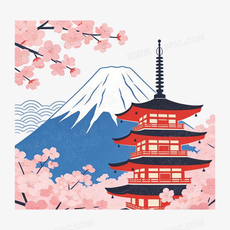 扁平风创意日本樱花富士山免抠元素