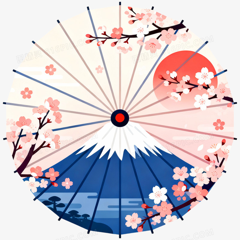 卡通手绘日本文化油纸伞樱花免抠元素