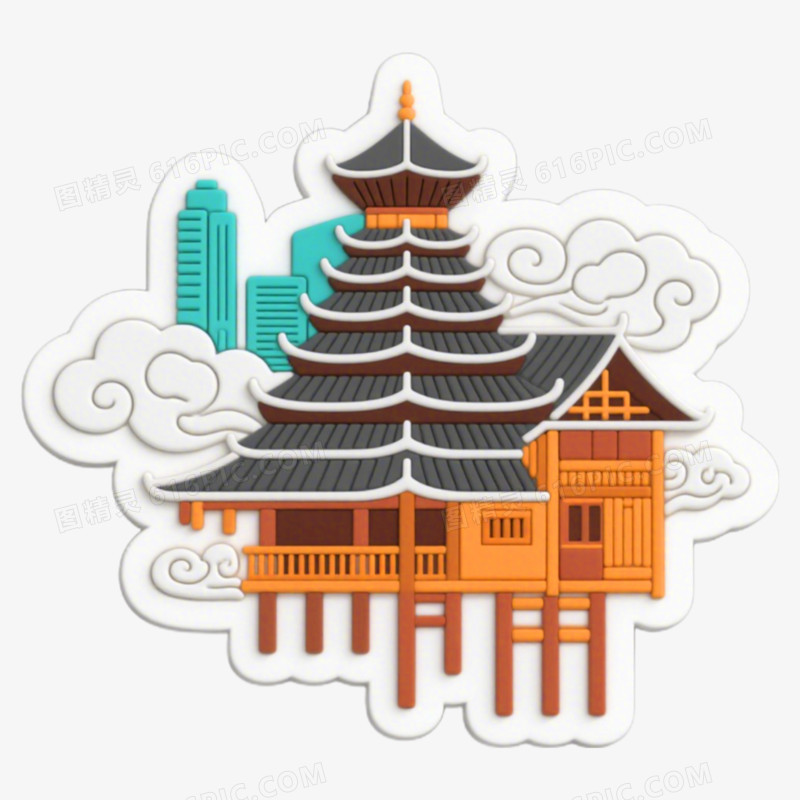 侗族建筑文创设计冰箱贴免抠元素