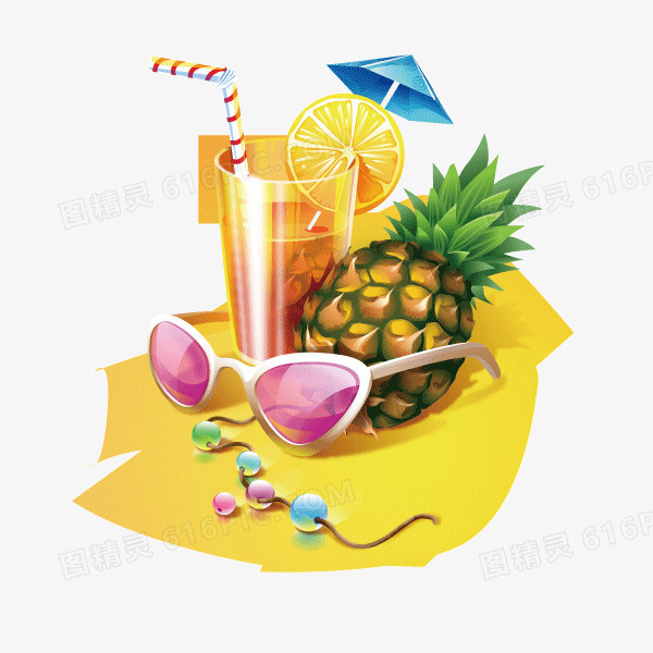 夏日风情 沙滩  果汁 太阳镜 水果菠萝
