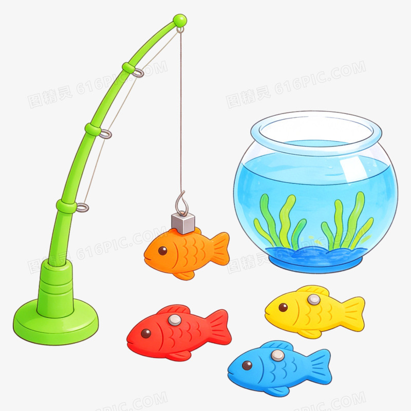 卡通儿童益智类玩具小猫钓鱼免抠元素