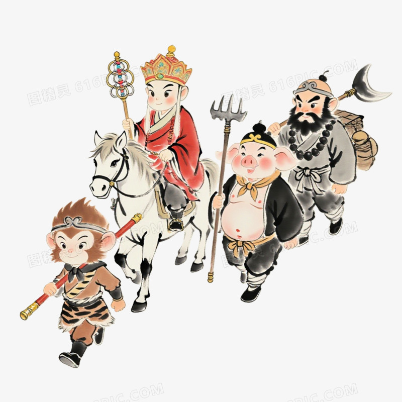 手绘插画风格西游记师徒四人免抠元素
