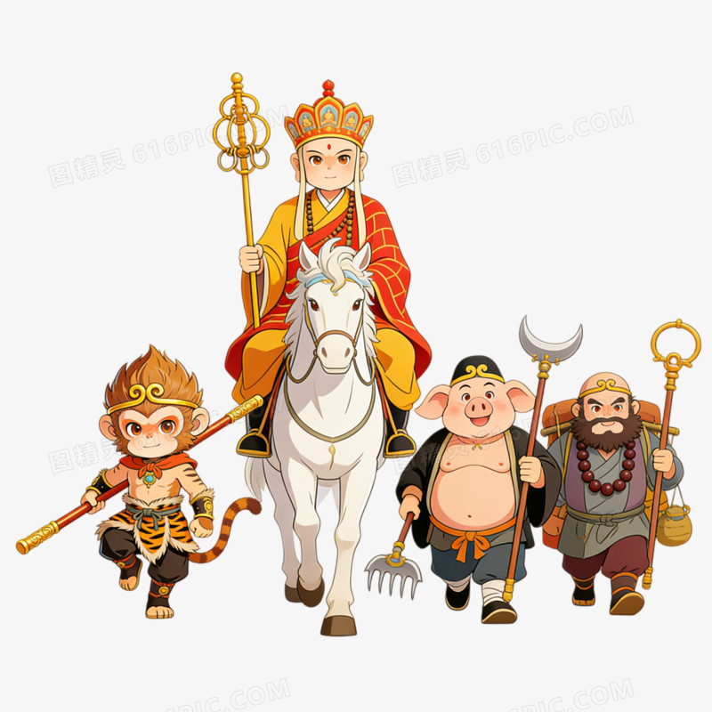 手绘插画风格西游记师徒四人免抠元素