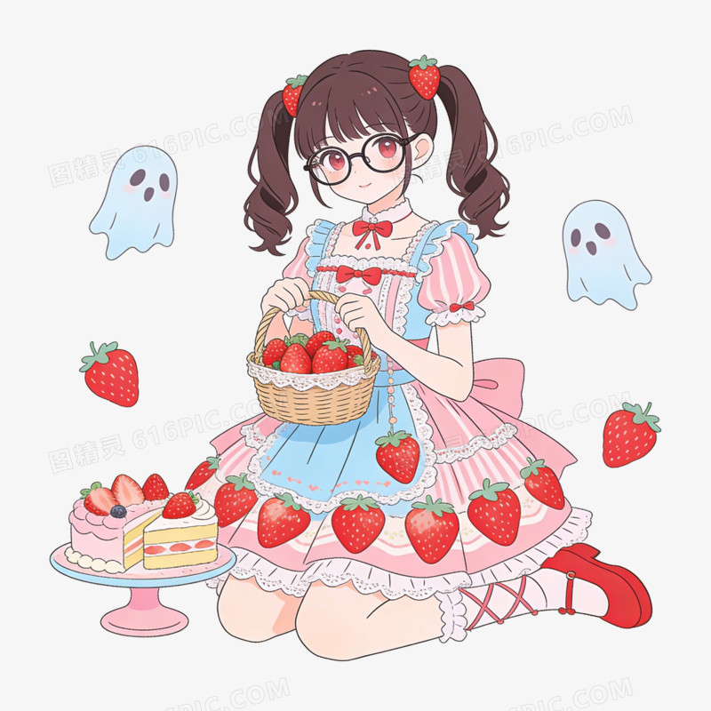 扁平风草莓洛丽塔女孩免抠元素