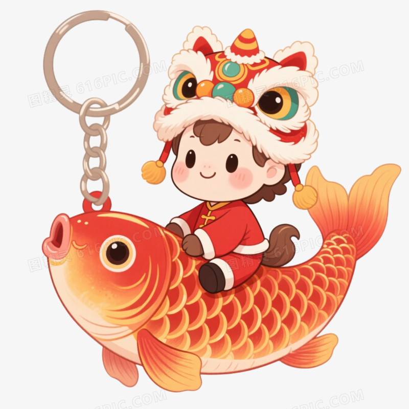卡通钥匙扣戴舞狮帽小猫骑鲤鱼免抠元素