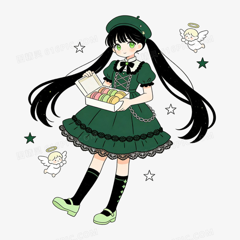 扁平风深绿洛丽塔女孩免抠元素