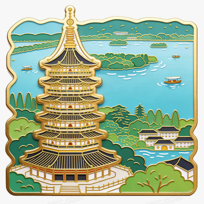 卡通冰箱贴西湖雷峰塔免抠元素