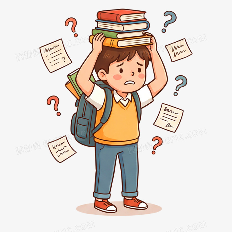卡通手绘被学习压力压倒的男孩免抠元素