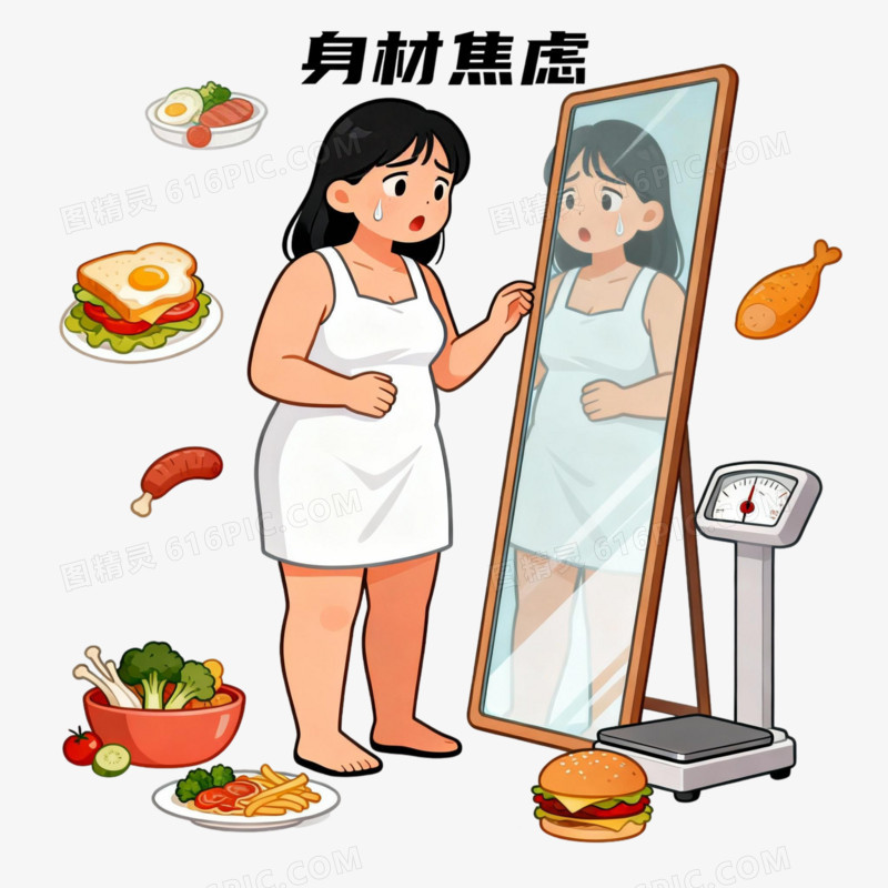 卡通手绘身材焦虑免抠元素