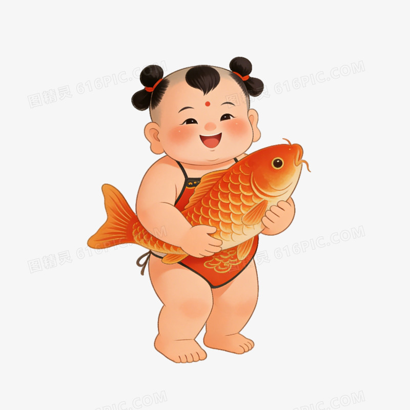 马年文创福娃抱鲤送福ai免抠元素