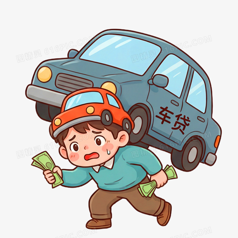 卡通手绘被车贷压力压倒的男孩免抠元素