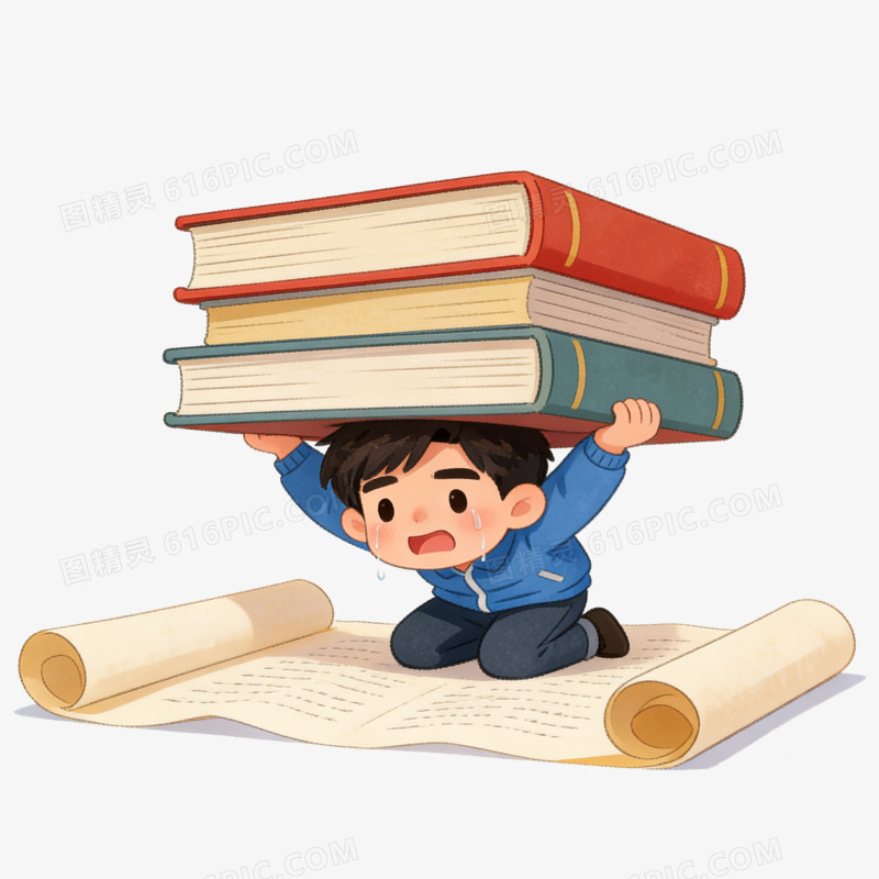 卡通手绘被学习压力压倒的男孩免抠元素