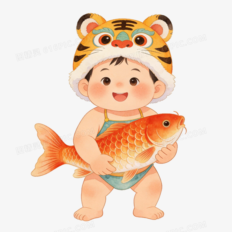 马年文创福娃抱鲤ai免抠元素