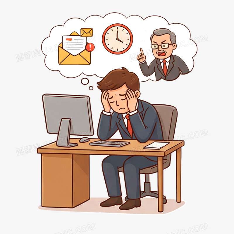 卡通手绘被职场压力压倒的男白领免抠元素
