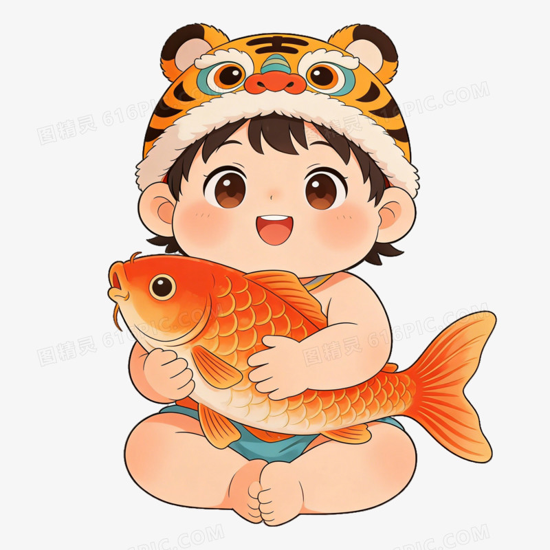 马年文创贴纸福娃抱鲤ai免抠元素