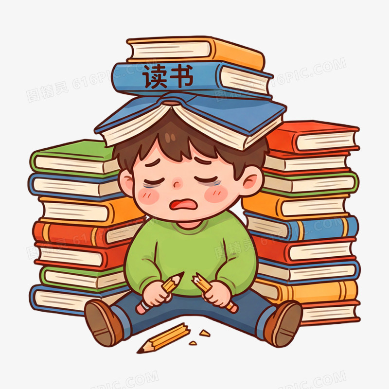 卡通手绘被学习压力压倒的男孩免抠元素