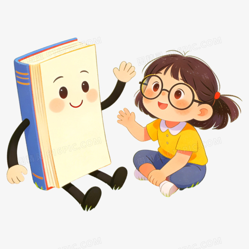 卡通读书阅读的小女孩免抠元素