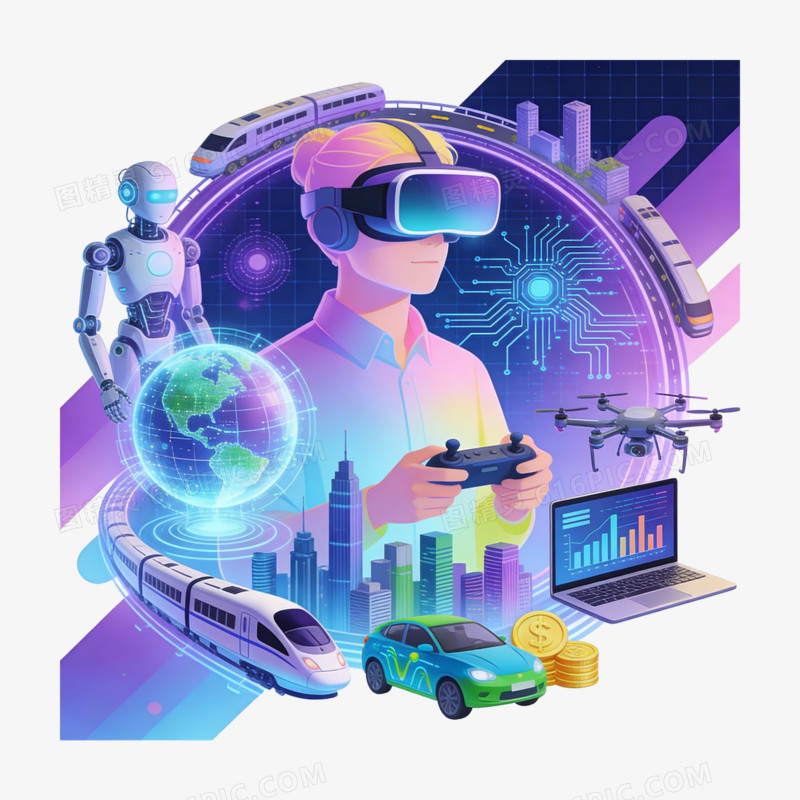 扁平风人类未来科技生活免抠元素