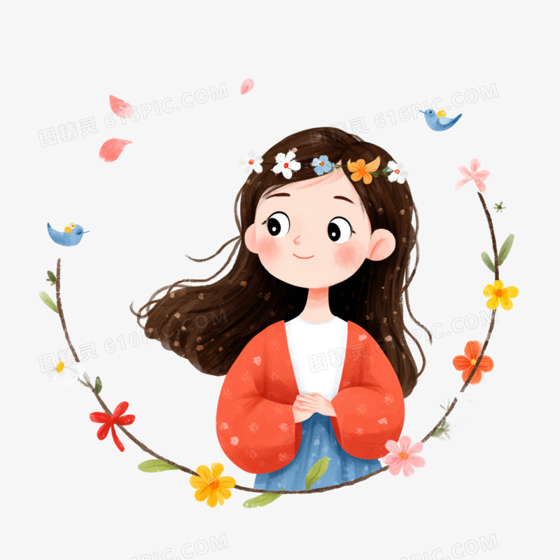 卡通手绘三八妇女节美女和花免抠元素