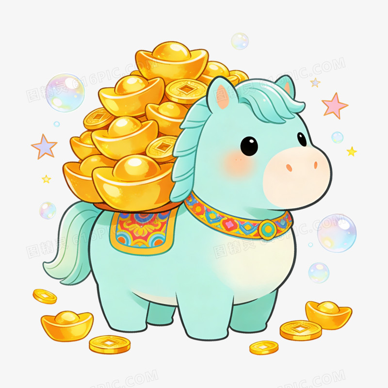 扁平风元宝青色小马免抠元素