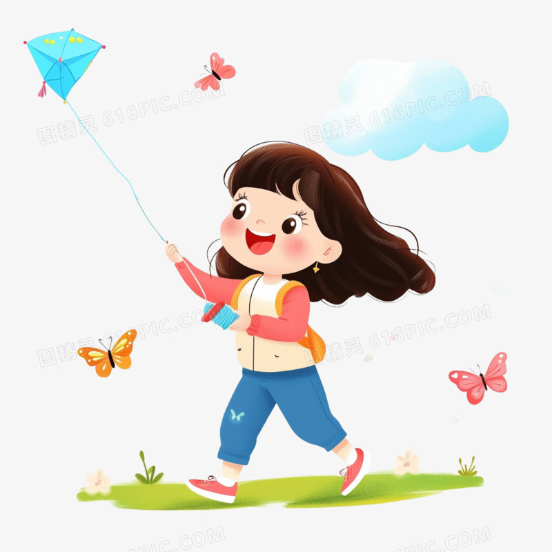 卡通手绘立春春天放风筝免抠元素