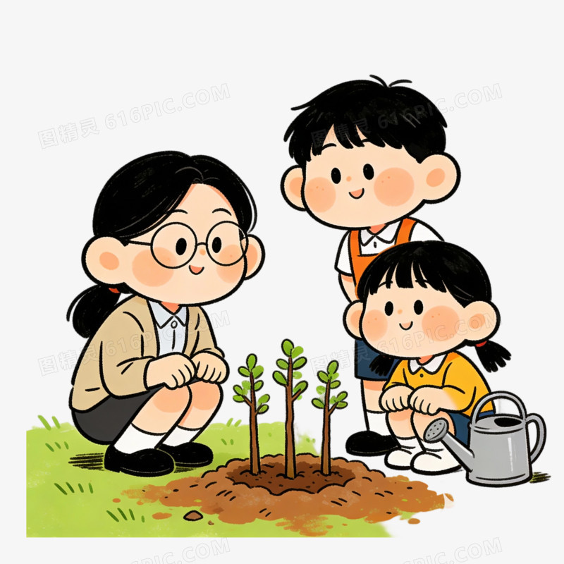 卡通手绘植树节人物场景元素