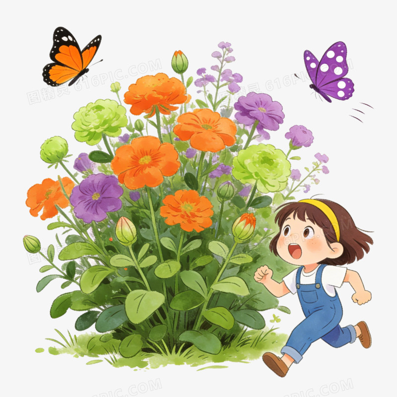 卡通追着花丛旁蝴蝶的小女孩免抠元素