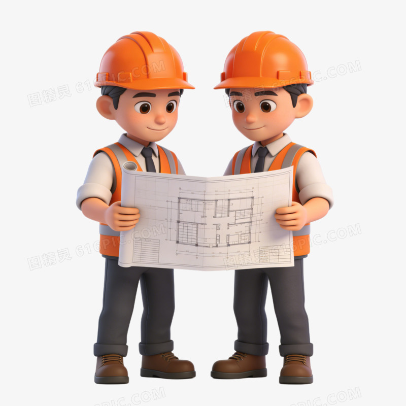 3D卡通两个工程师拿着图纸在讨论免抠元素