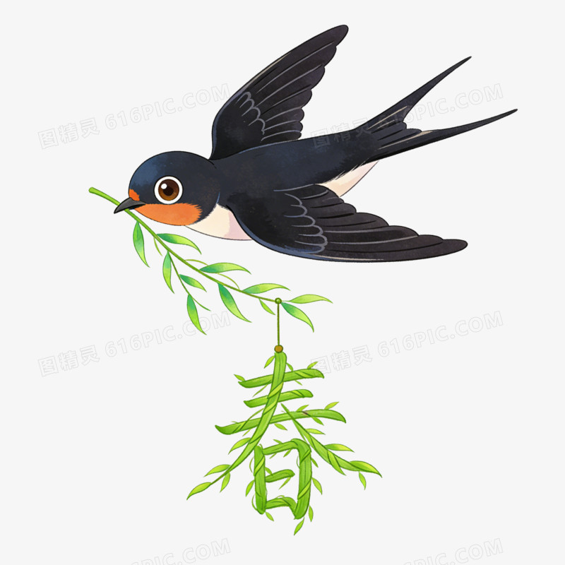 卡通衔着组成春字树枝的喜鹊免抠元素