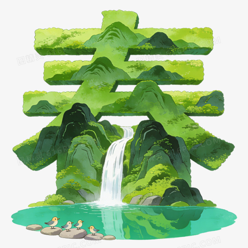 卡通绿色山脉组成的春字和水潭瀑布免抠元素