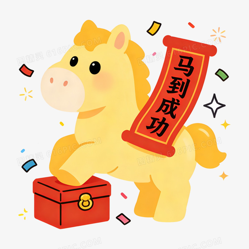 扁平风马到成功黄色小马免抠元素