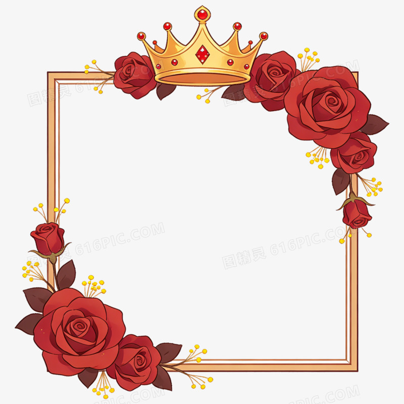 卡通妇女节皇冠红玫瑰金色边框免抠元素