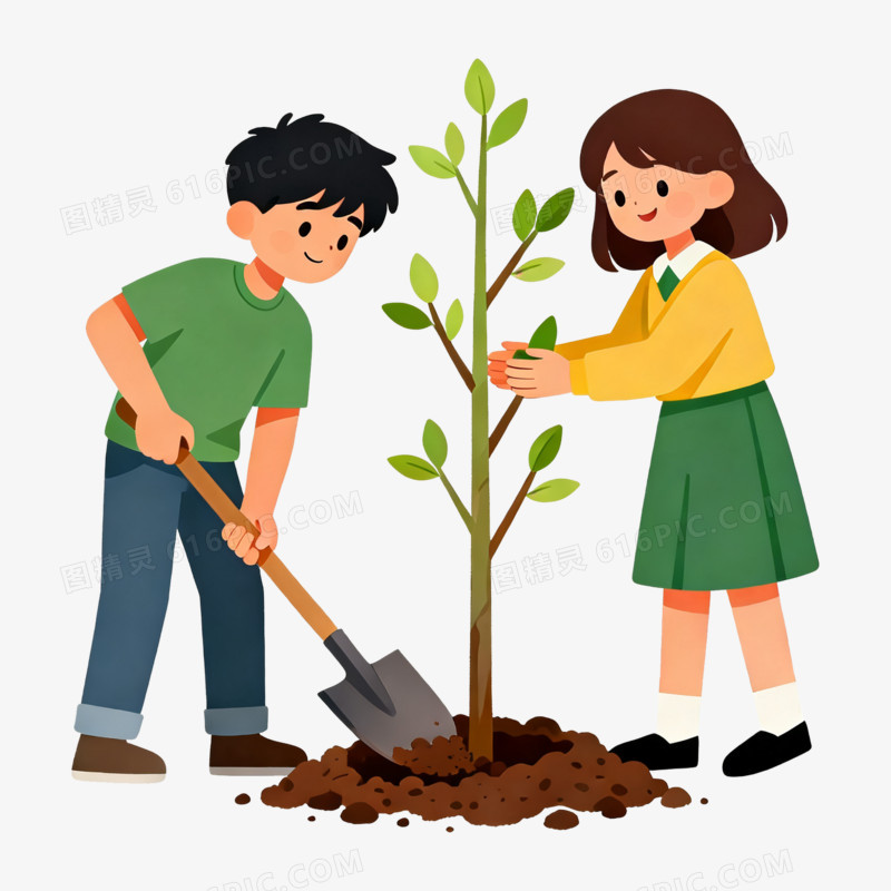 扁平风两人种树免抠元素