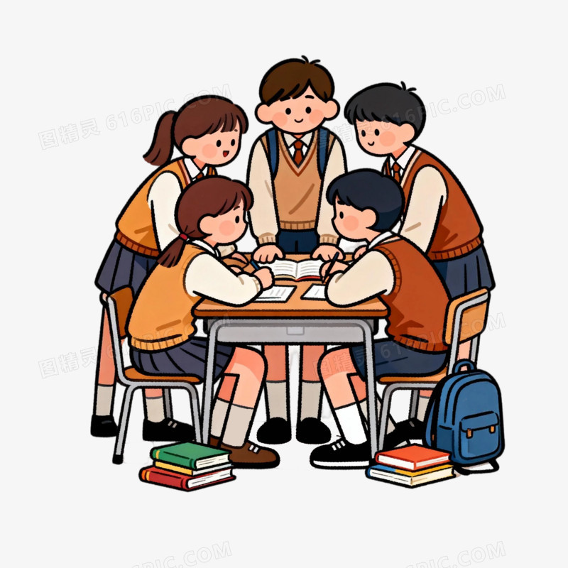 卡通学生们小组讨论会场景