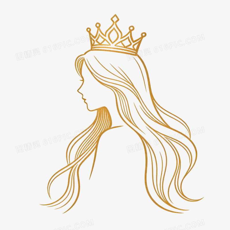 金色线稿带着皇冠的长发美女轮廓免抠元素
