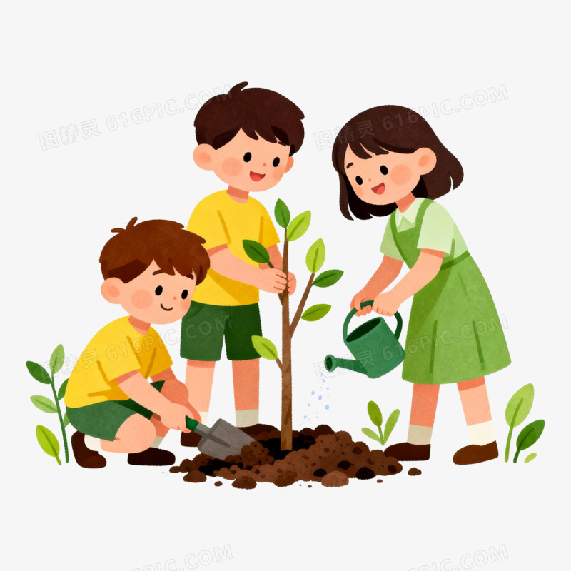 扁平风三个小朋友种树免抠元素